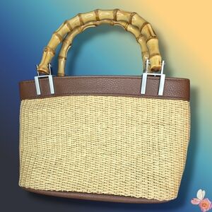 Sunny Hawaii Straw Mini Tote Bamboo Handles Tan Brown 9x5x2.5" 1H